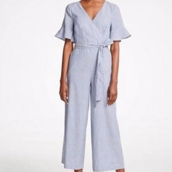 Ann Taylor Tie Waist Wide Leg Pin stripped Linen Blend Jumpsuit with Pockets - Picture 1 of 12